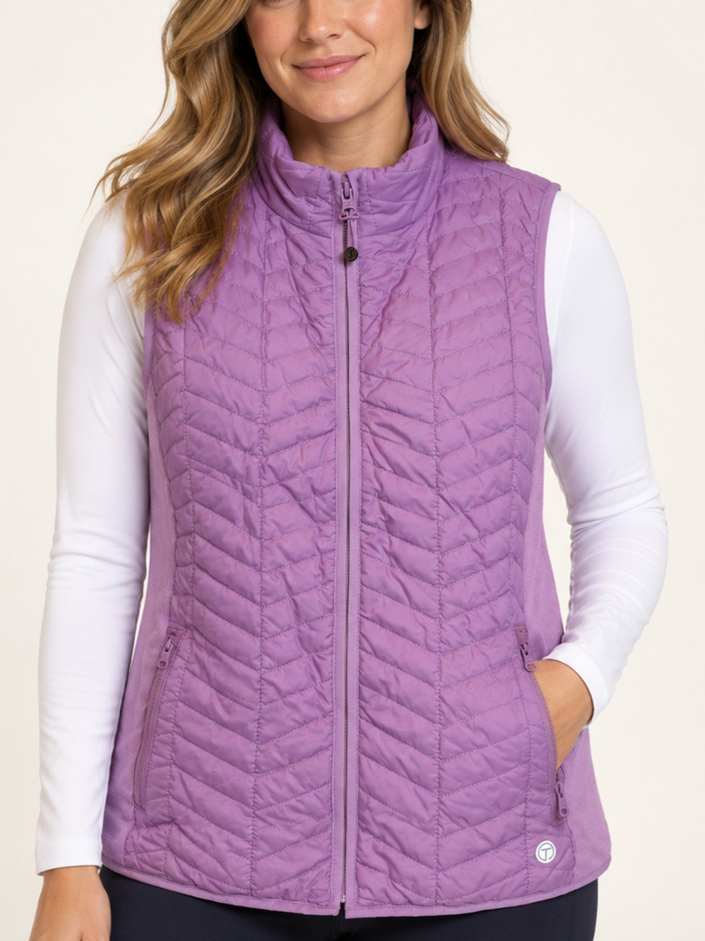 T by Talbots PL Lavender Chevron Quilted Vest Full Zip Stretch Athleisure Casual